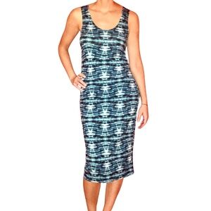 Vintage Psychedelic Sleeveless Bodycon Midi Dress Blue Tropical Summer Y2K